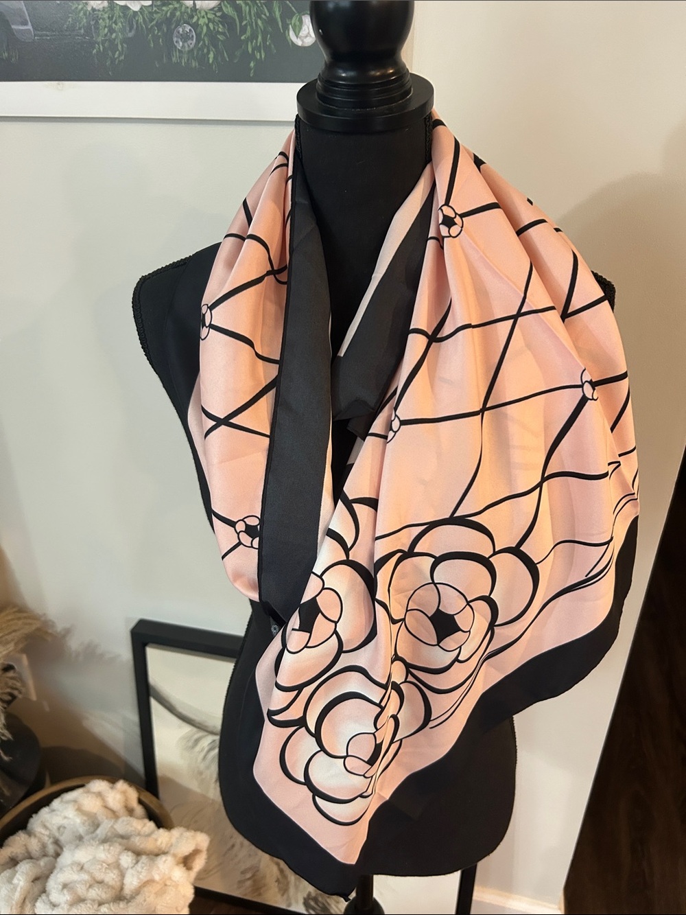 Elegant Pink and Black Floral Silk-Feel Scarf